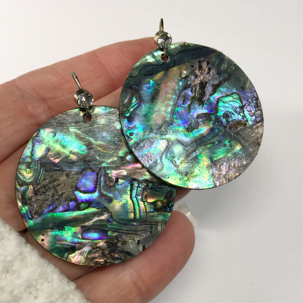 Vintage MOP Mother of Pearl Abalone Shell Round Disc Hook Earrings Oversized - Picture 1 of 9
